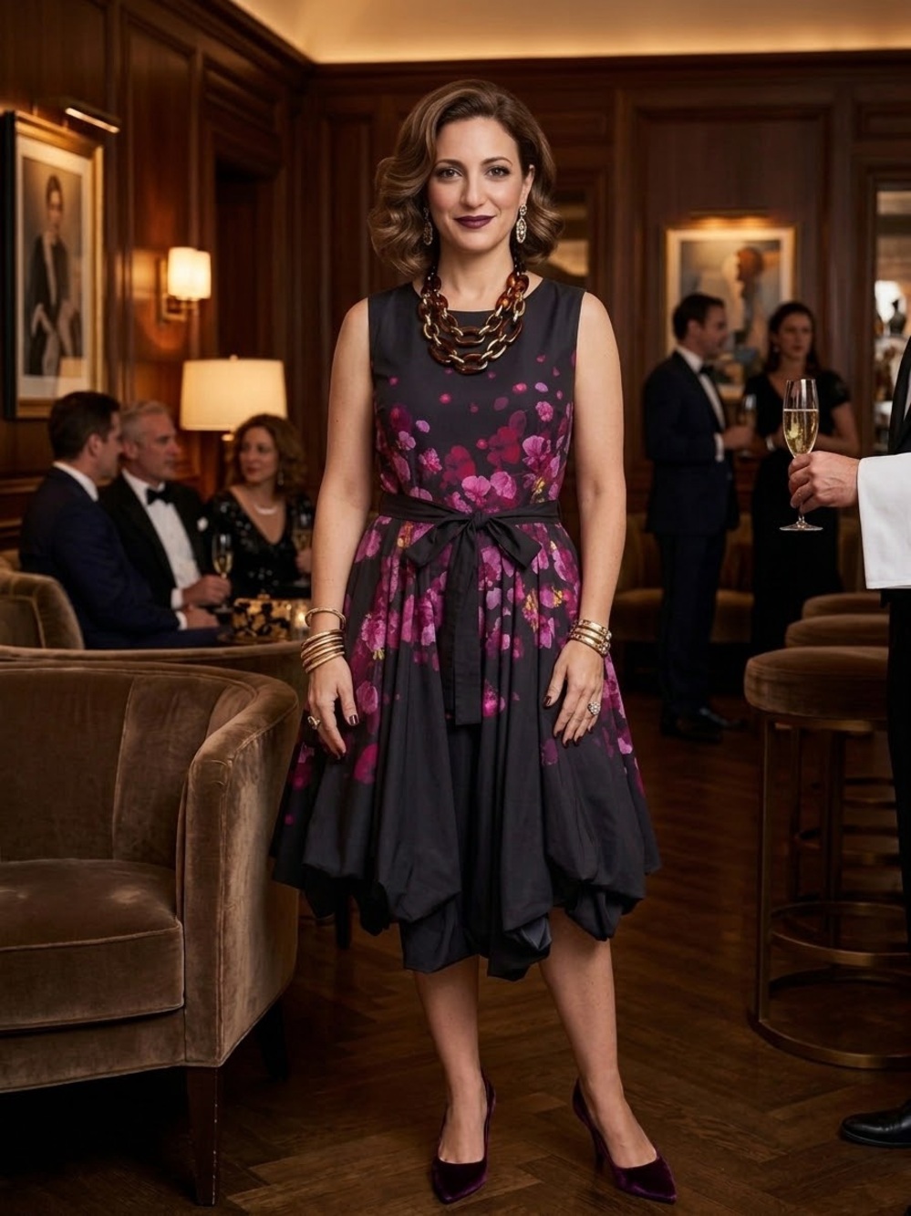 Samuel Dong Black Pink Floral Balloune Dress M Belted Artsy Asymetrical Wedding